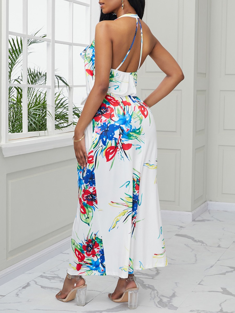 

lovely Bohemian Backless Plants Print White Ankle Length Dress