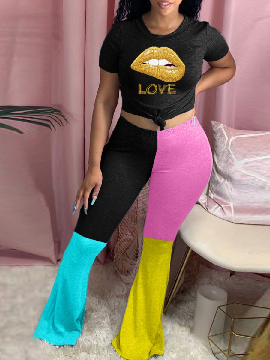 

lovely Casual O Neck Lip Print Color-lump Patchwork Black Two Piece Pants Set
