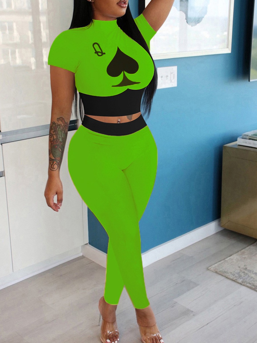 

lovely Sportswear Print Patchwork Green Two Piece Pants Set