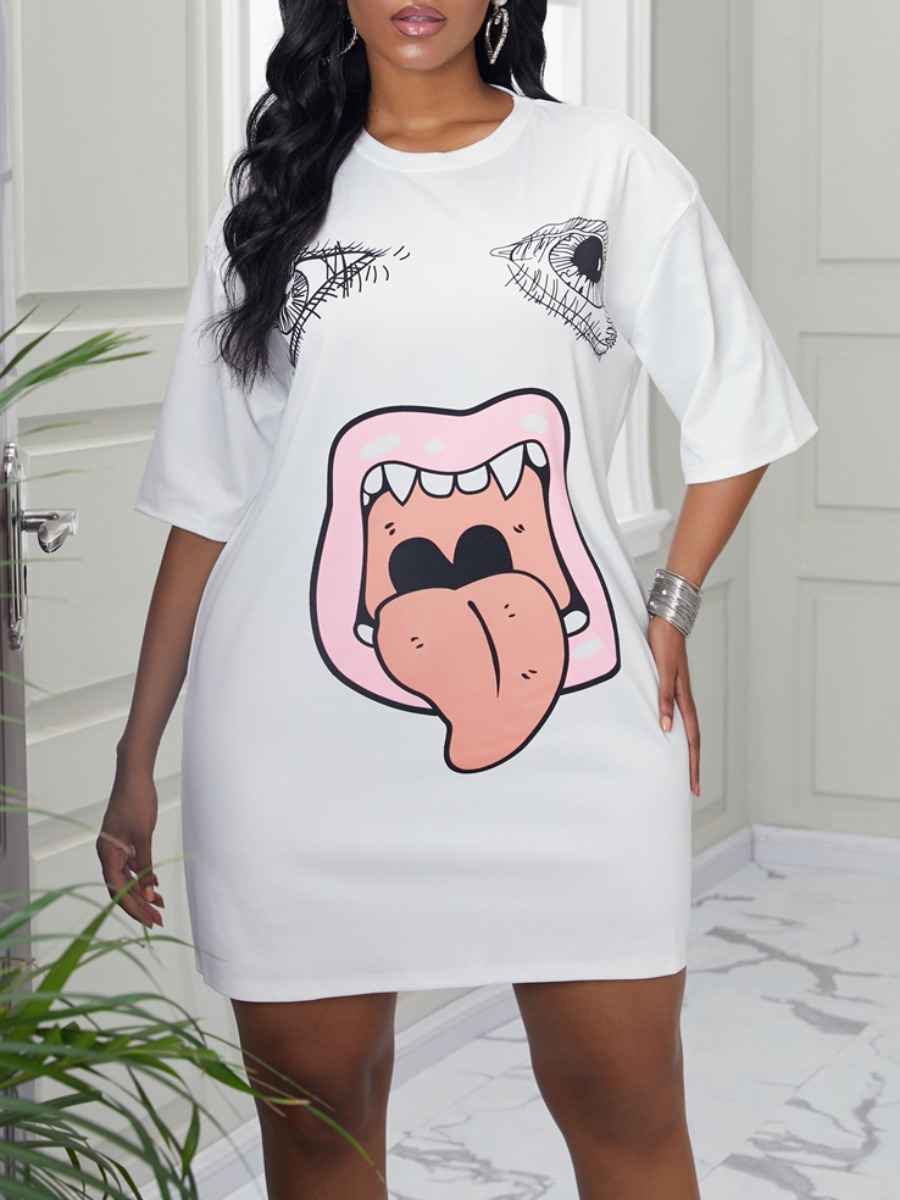 

lovely Leisure O Neck Lip Print White Mini Dress