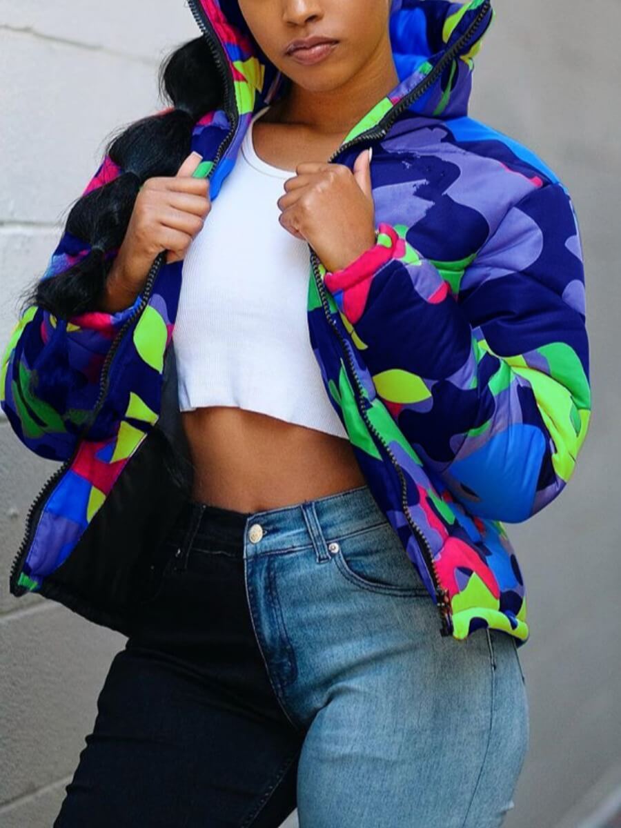 

Lovely Street Camo Print Zipper Design Green Parka