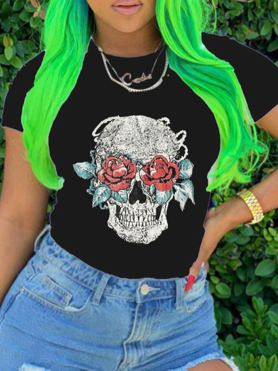 

lovely Casual O Neck Print Black Plus Size T-shirt