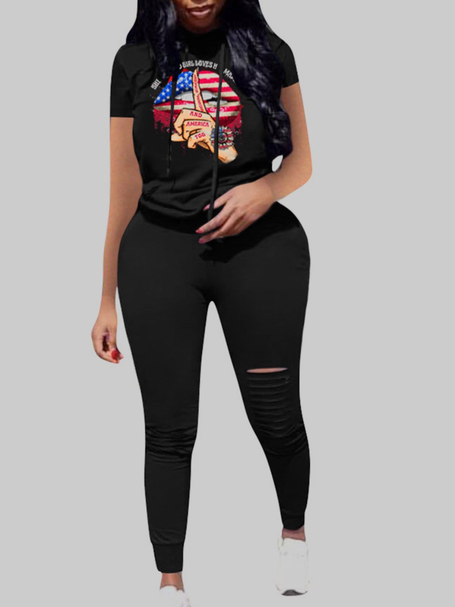 

lovely Sportswear Lip Print Black Plus Size Two-piece Pants Set