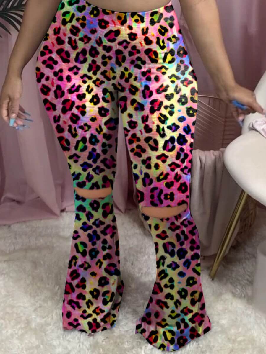 

LW BASICS Plus Size Trendy Leopard Print Broken Holes Pants