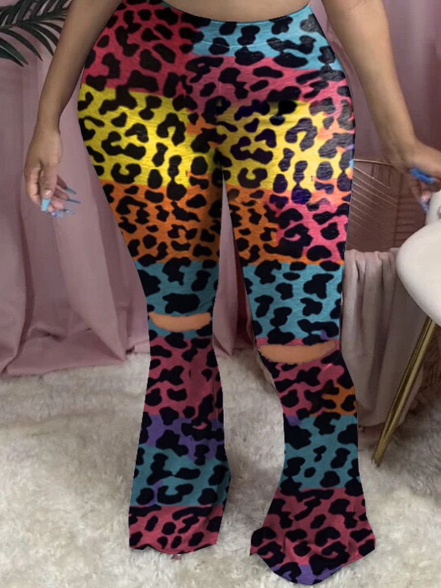 

Lovely Trendy Print Broken Holes Multicolor Plus Size Pants, Multi
