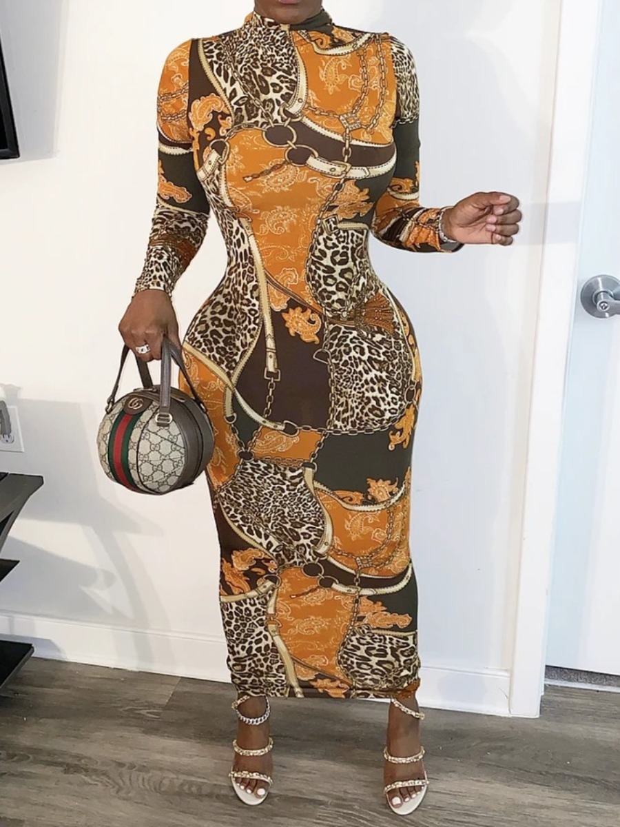 

lovely Casual Half A Turtleneck Leopard Print Ankle Length Dress