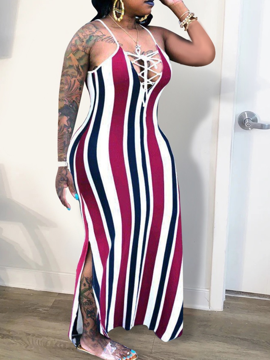 

lovely Sexy Spaghetti Strap Striped Side Slit Wine Red Ankle Length Dress(Batch Striped Print
