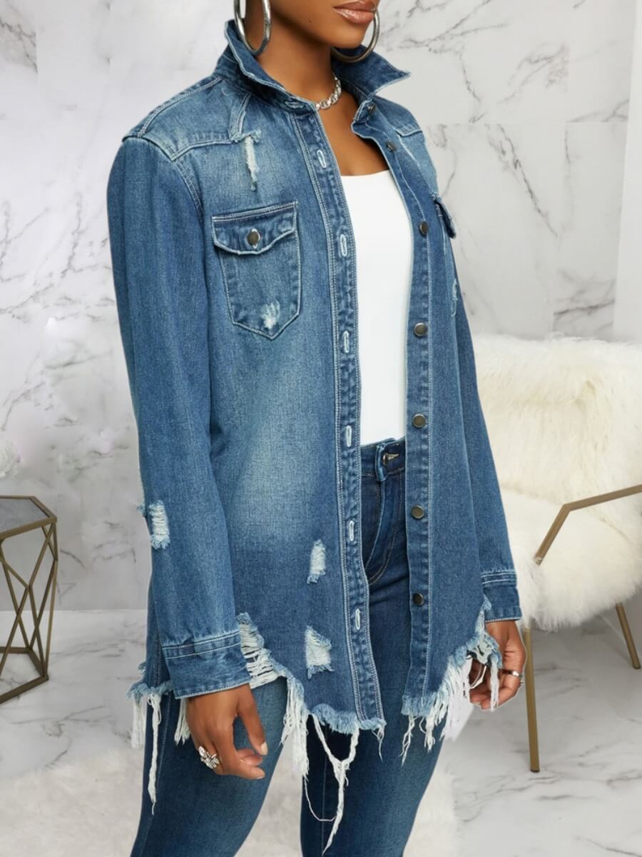 

Lovely Casual Broken Holes Asymmetrical Deep Blue Denim Jacket