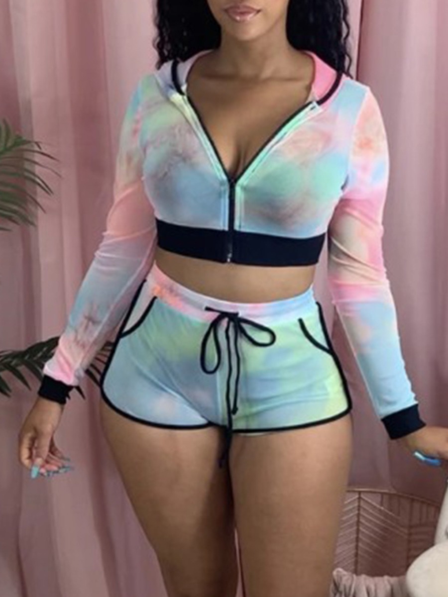 LW Tie Dye Zipper Design Crop Top Tracksuit Shorts Set от Lovelywholesale WW