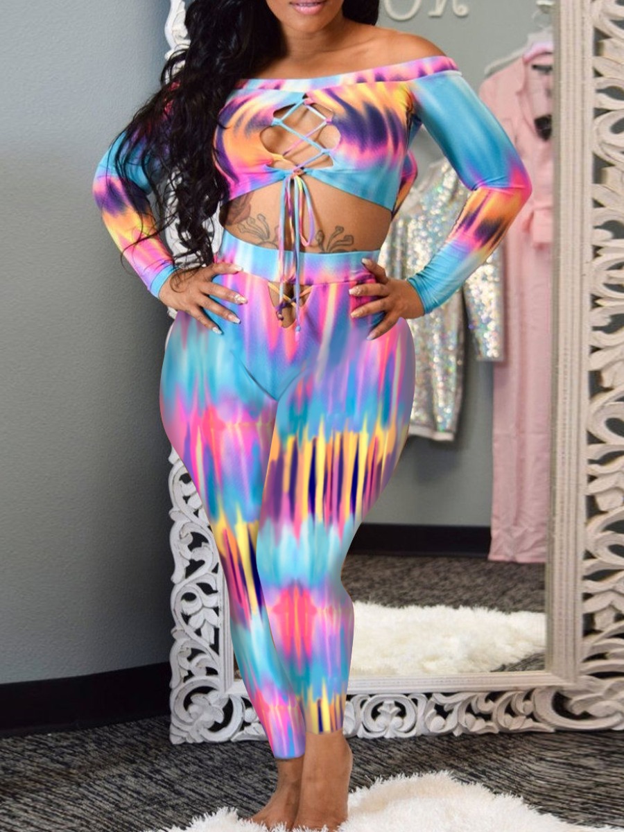 

lovely Trendy Tie Dye Bandage Design Baby Blue Two Piece Pants Set