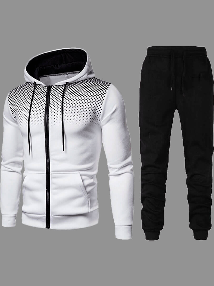 

LW Men Street Hooded Collar Zipper Design White Two-piece Pants Set