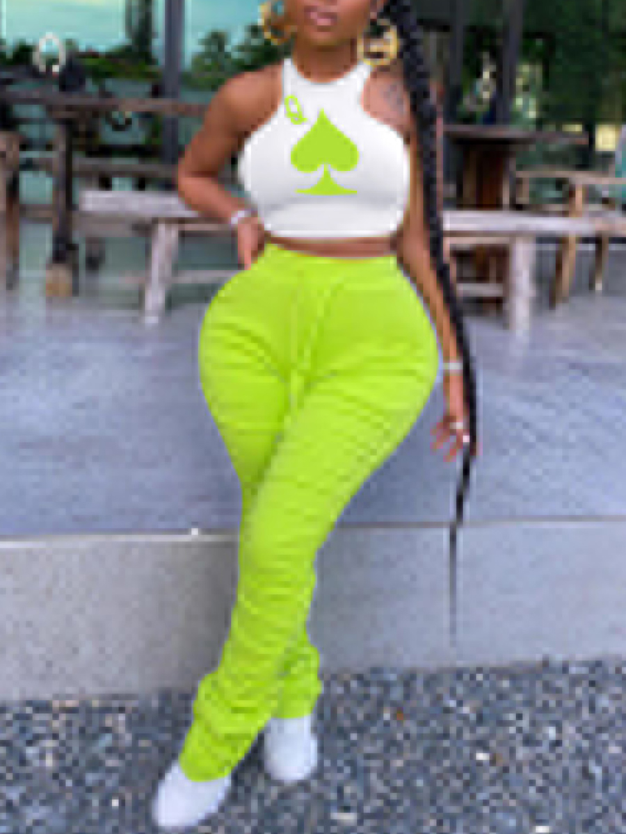 

Lovely Sportswear O Neck Print Fold Design Green Plus Size Two-piece Pants Set