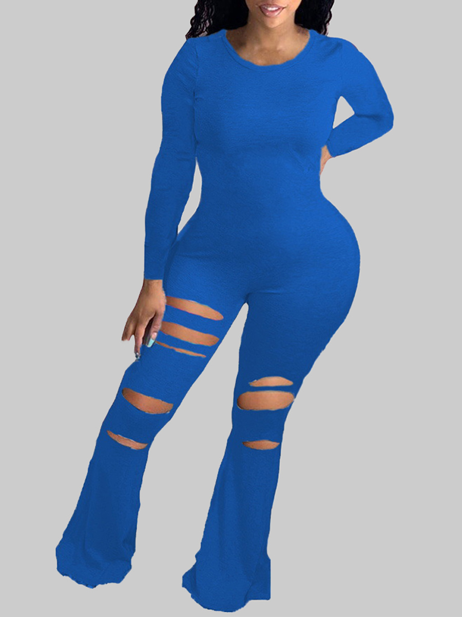 

lovely Casual O Neck Broken Holes Blue Plus Size One-piece Jumpsuit