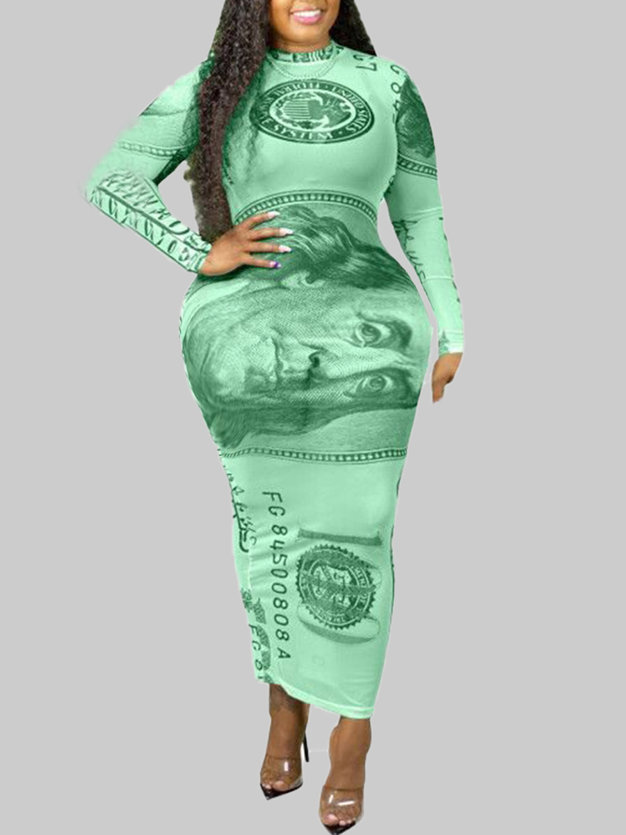 

Lovely Bohemian O Neck Print Green Ankle Length Plus Size Dress