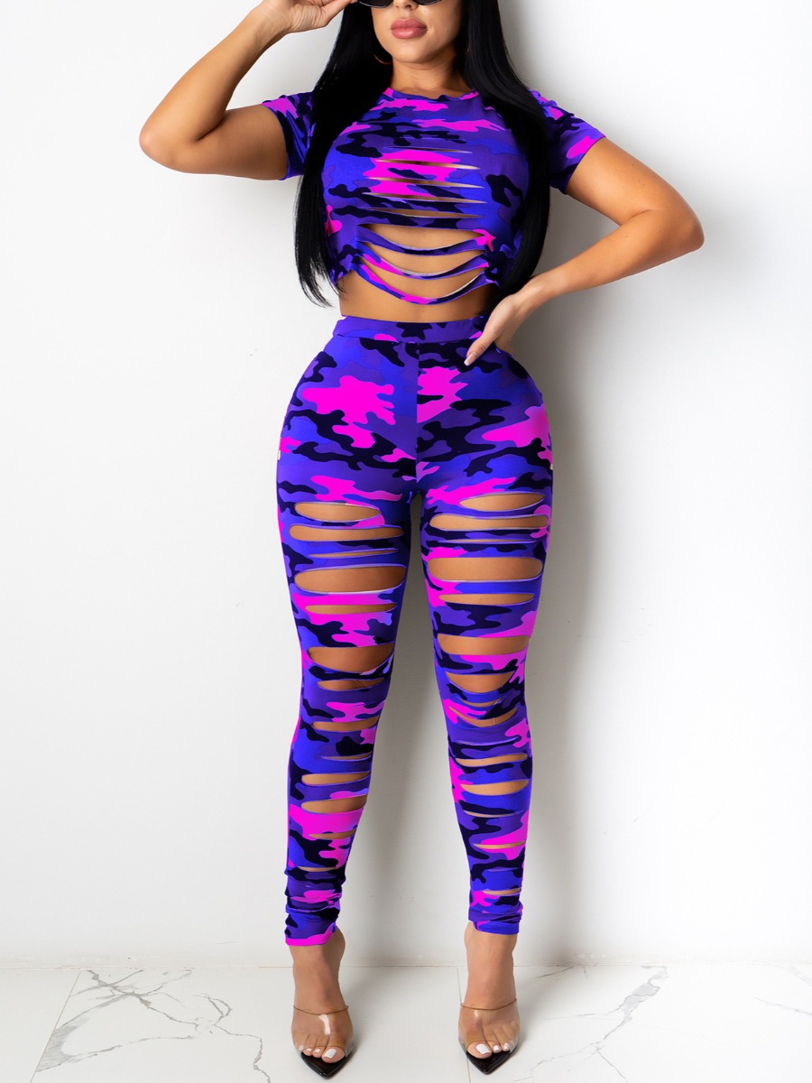 

lovely Leisure O Neck Camo Print Hollow-out Blue Two Piece Pants Set