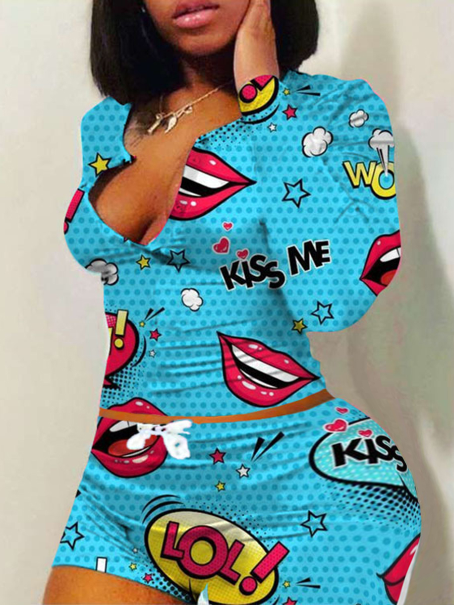 

lovely Leisure Lip Print Skinny Blue Plus Size Two-piece Shorts Set