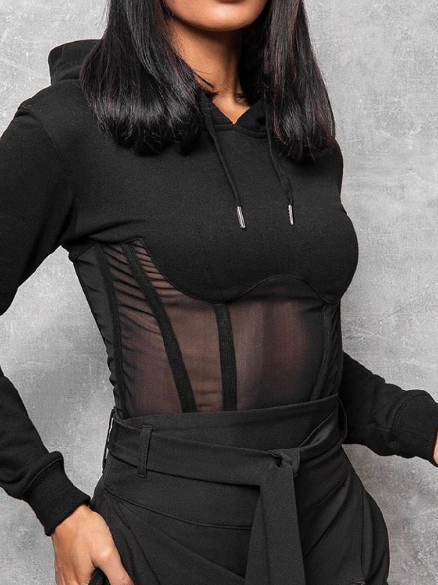 

lovely Street Patchwork See-through Black Hoodie