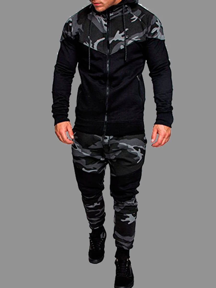 

LW Men Sportswear Hooded Collar Zipper Design Camo Print Grey Two-piece Pants Set, Gray camouflage