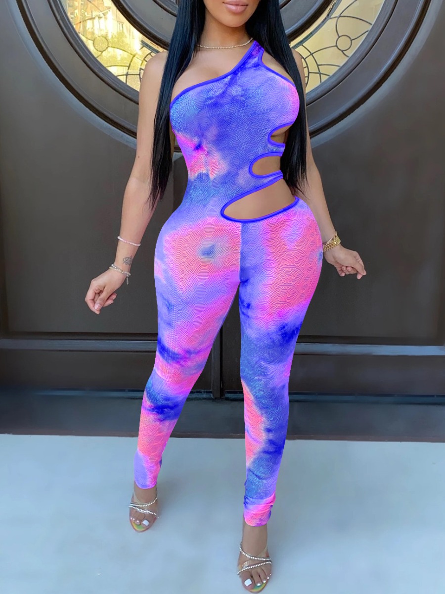 

lovely Trendy One Shoulder Tie-dye Blue One-piece Jumpsuit