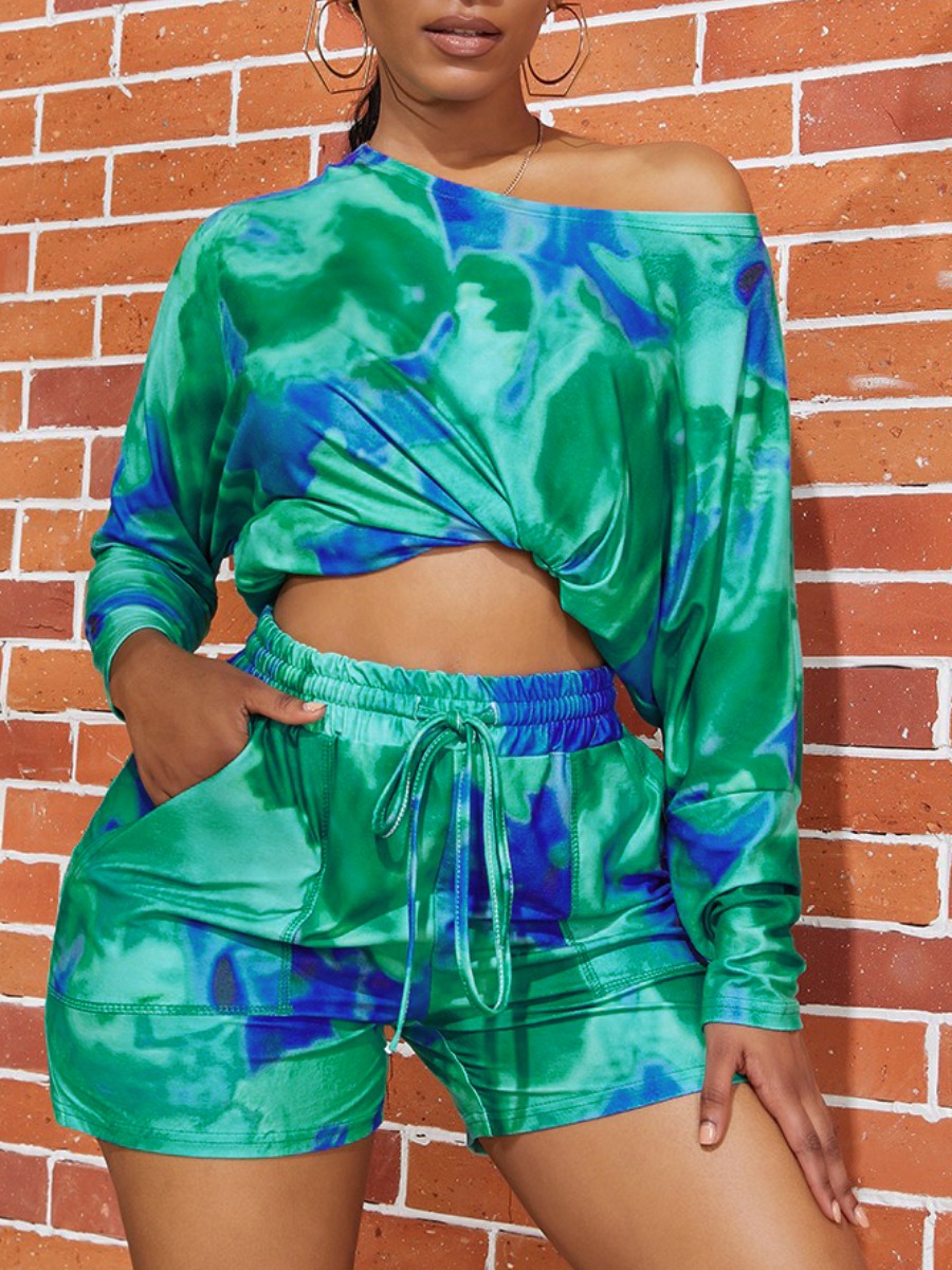 

lovely Trendy O Neck Tie Dye Green Two Piece Shorts Set