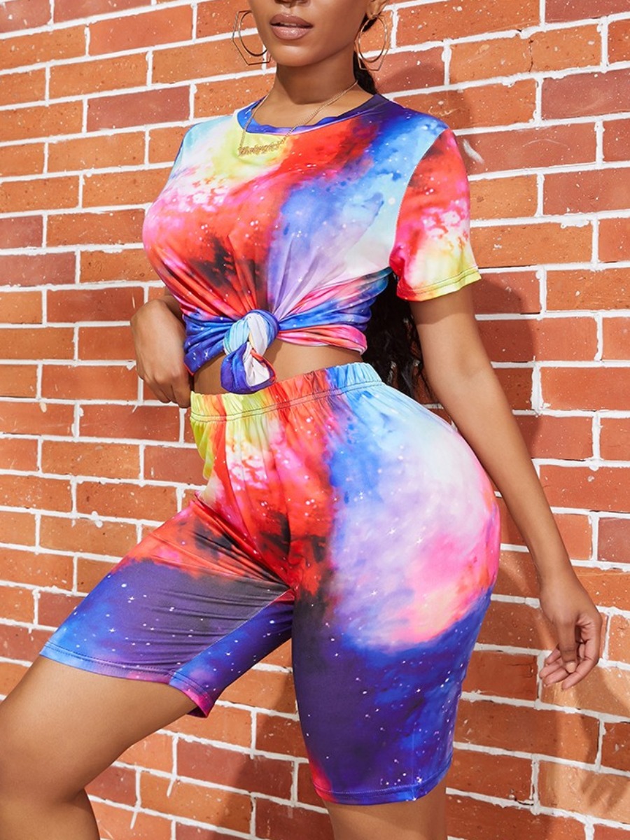 

lovely Trendy O Neck Starry Sky Print Blue Two Piece Shorts Set