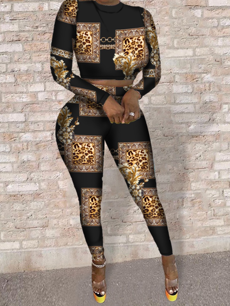 

lovely Trendy O Neck Versace Print Black Two Piece Pants Set