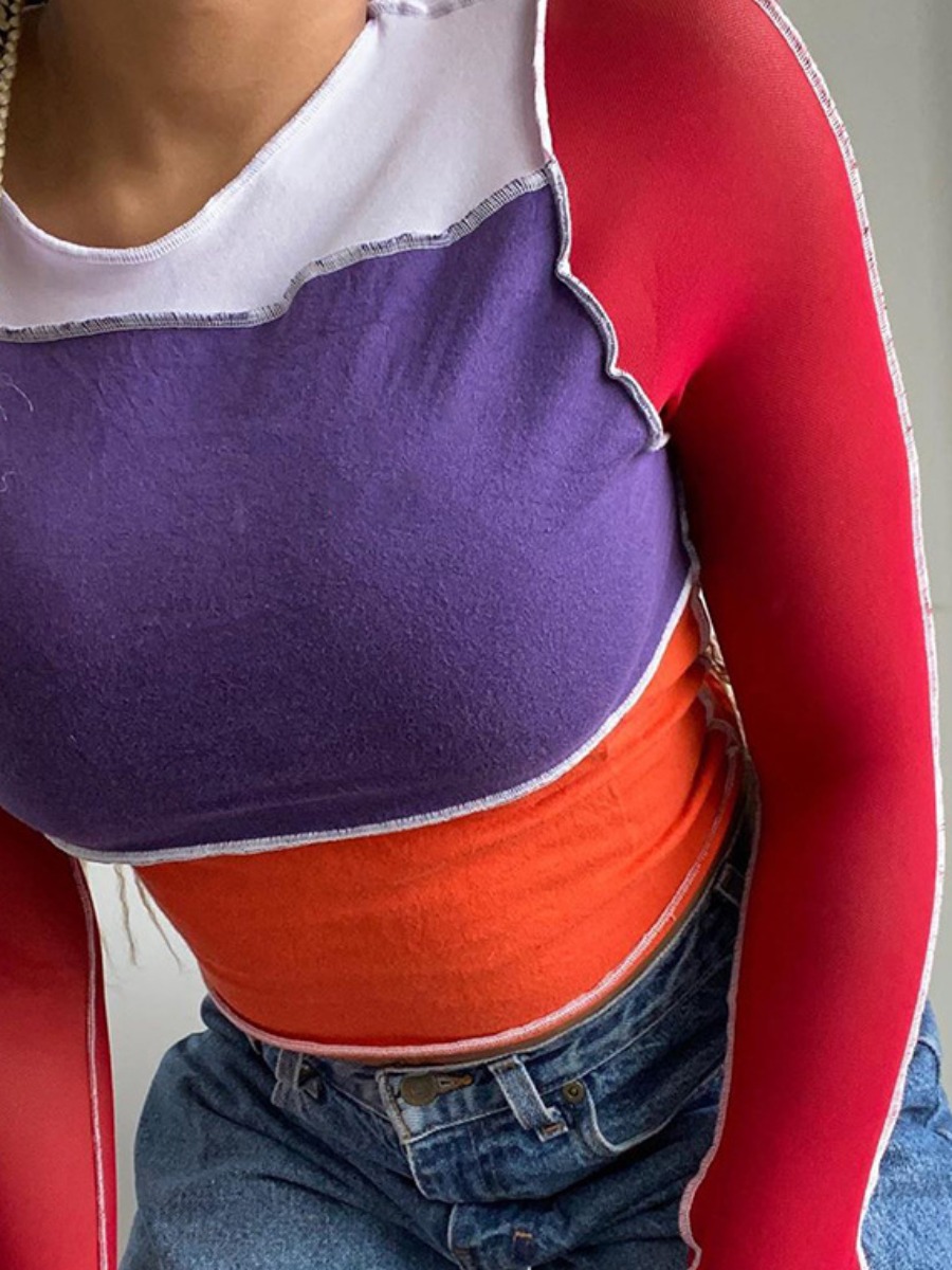 

lovely Street O Neck Color-lump Patchwork Multicolor T-shirt, Multi