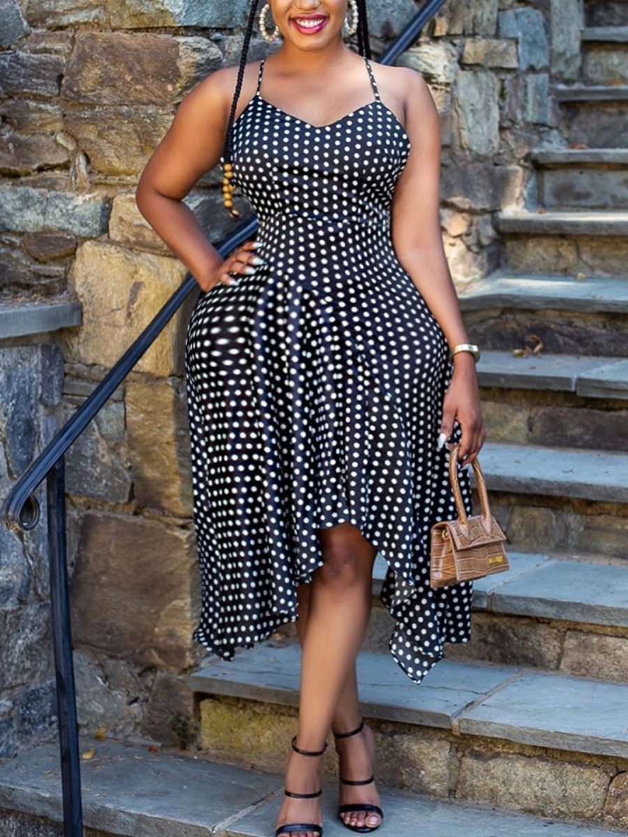 

lovely Street Spaghetti Strap Dot Print Asymmetrical Black Mid Calf Plus Size Dress