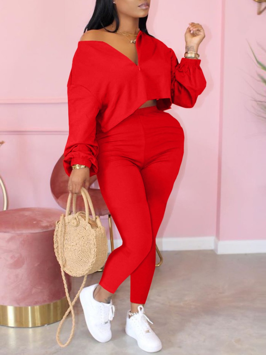 

lovely Casual Zipper Design Red Plus Size Two-piece Pants Set