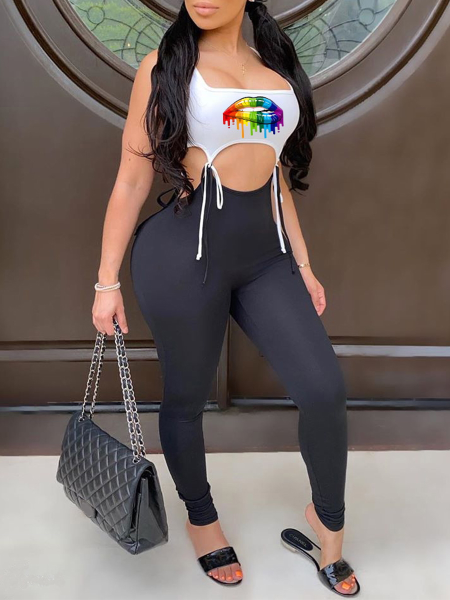 

Lovely Sportswear Lip Print Hollow-out Black One-piece Jumpsuit