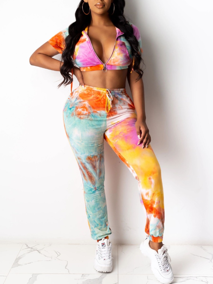 

lovely Sportswear Turndown Collar Tie Dye Croci Two Piece Pants Set
