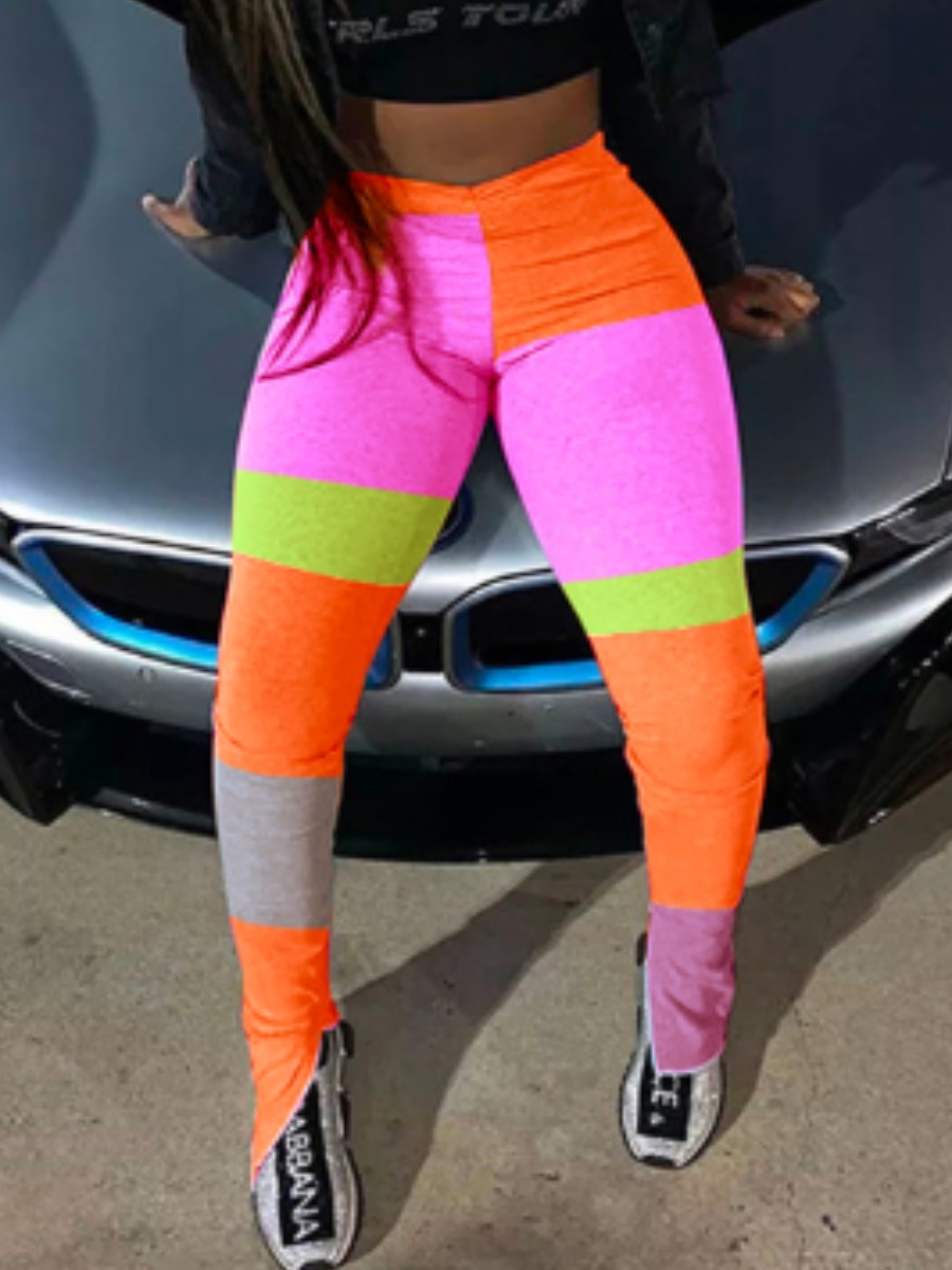 

lovely Casual Color-lump Patchwork Orange Pants