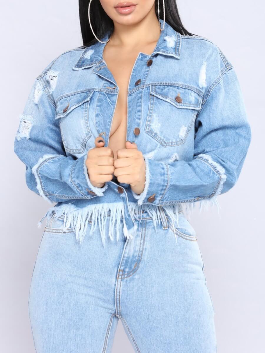 

Lovely Casual Broken Holes Tassel Design Baby Blue Denim Jacket