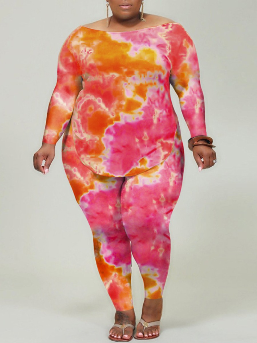 

lovely Leisure O Neck Tie-dye Rose Red Plus Size Two-piece Pants Set