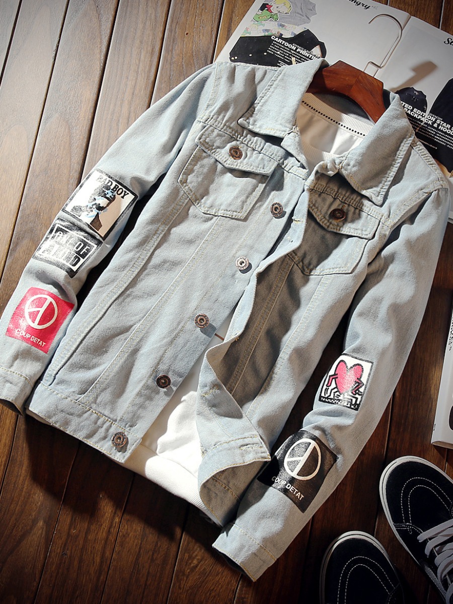 

lovely Trendy Turndown Collar Print Baby Blue Men Denim Jacket
