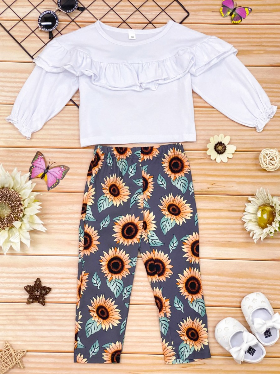 

lovely Casual O Neck Print Flounce Design White Girl Two-piece Pants Set