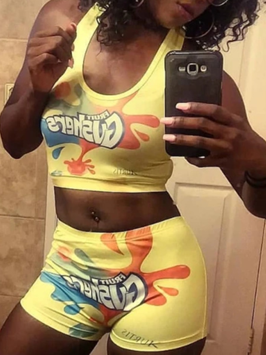 

lovely Sportswear U Neck Letter Print Yellow Two-piece Shorts Set