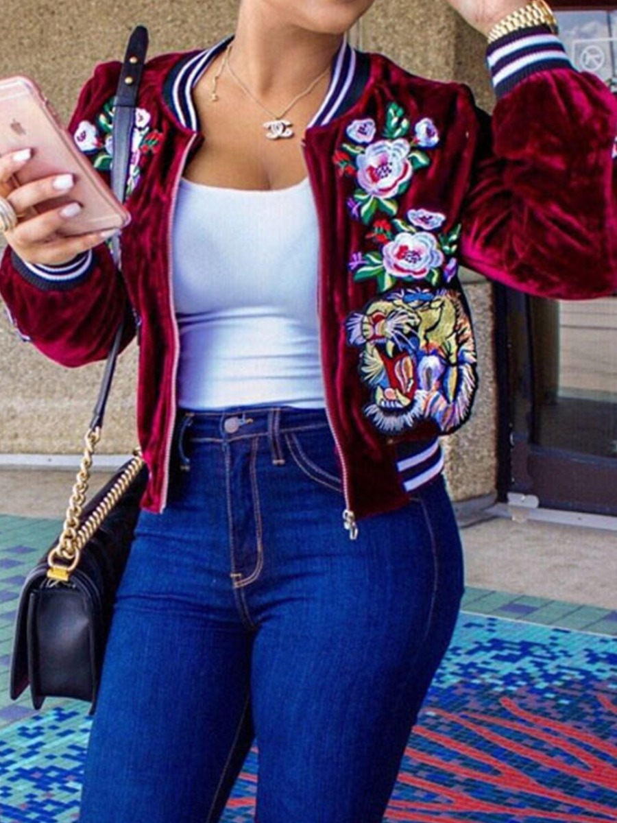 

lovely Trendy Print Zipper Design Black Jacket