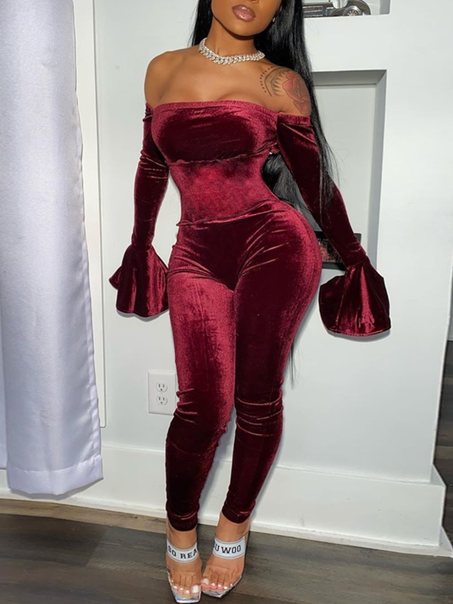 

lovely Trendy Dew Shoulder Skinny Purplish Red One-piece Jumpsuit