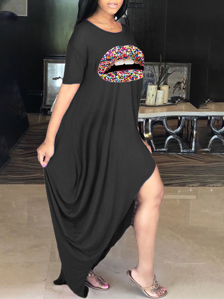 

Lovely Casual O Neck Lip Print Black Ankle Length Plus Size Dress