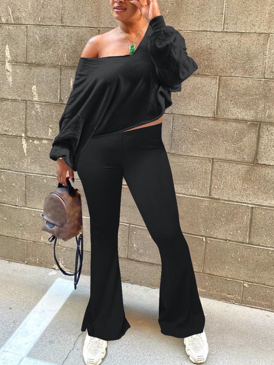 

lovely Leisure V Neck Flared Black Two Piece Pants Set
