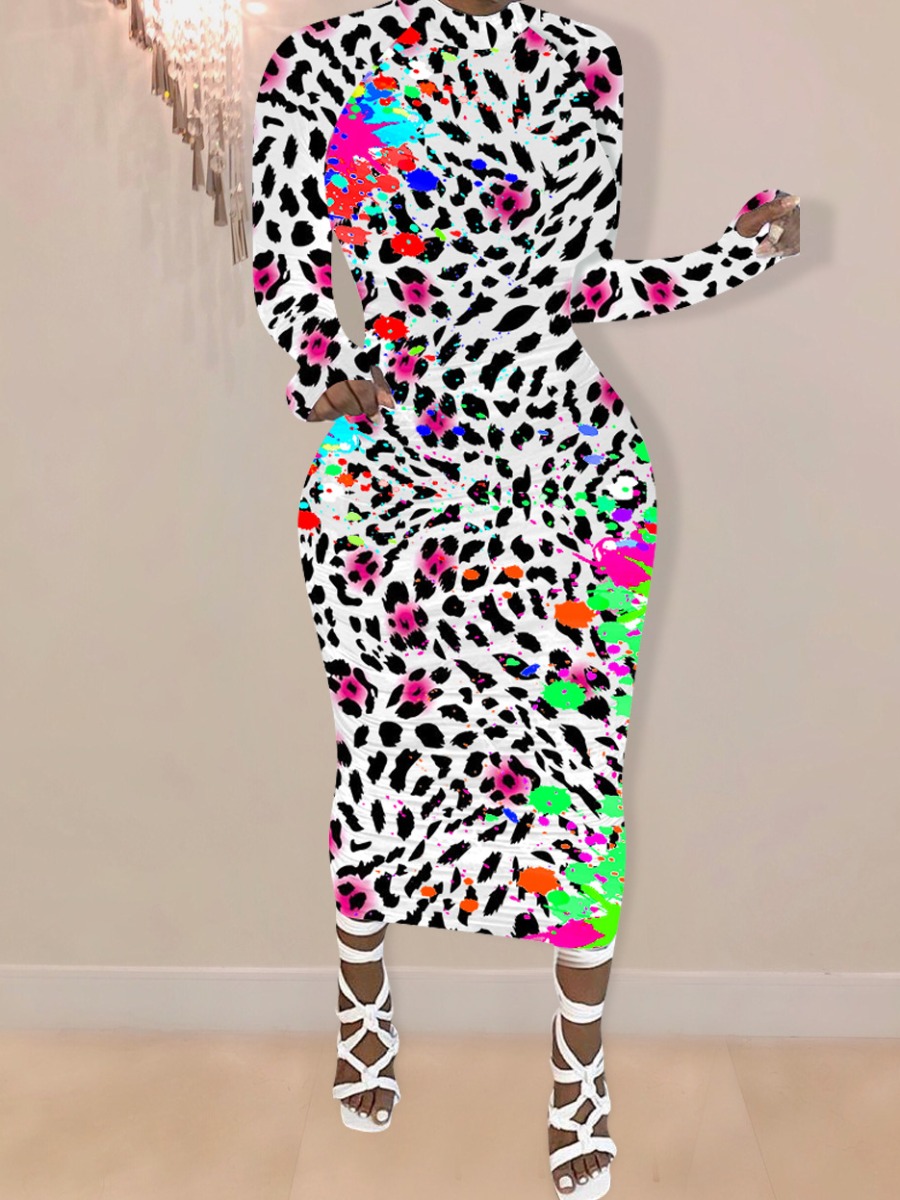 

lovely Casual O Neck Leopard Print White Mid Calf Dress