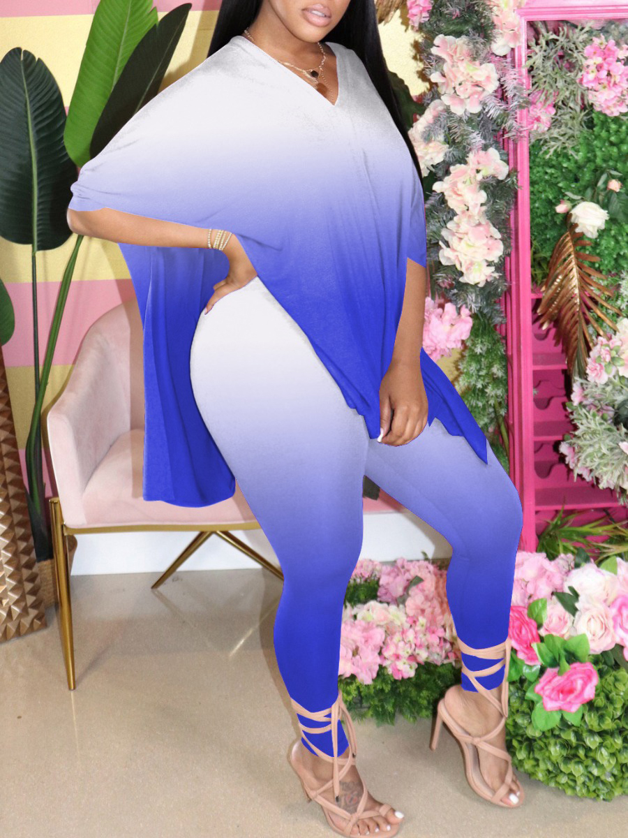 

LW Plus Size Casual V Neck Gradient Blue Two-piece Pants Set