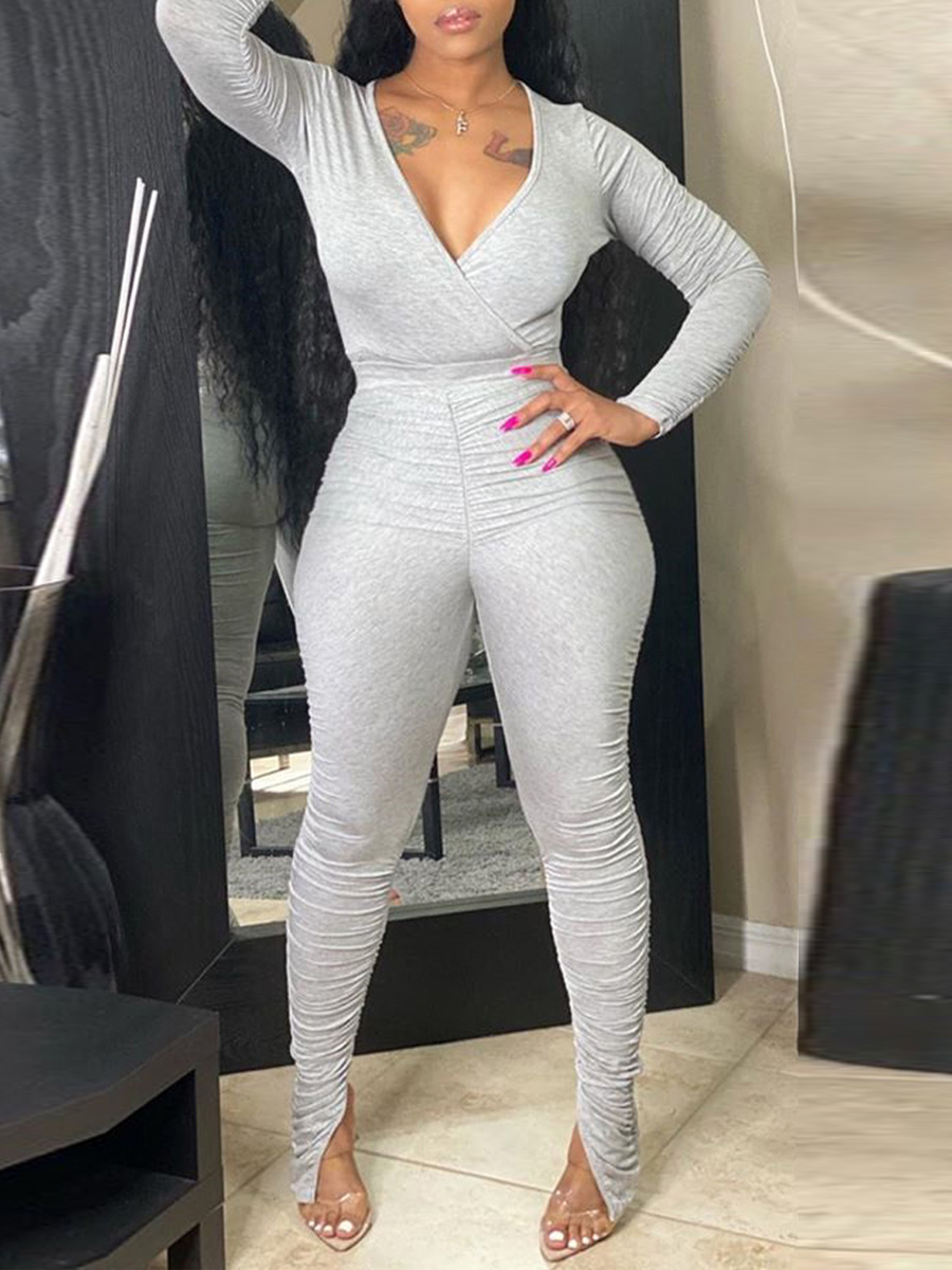 

lovely Trendy V Neck Fold Design Grey One-piece Jumpsuit
