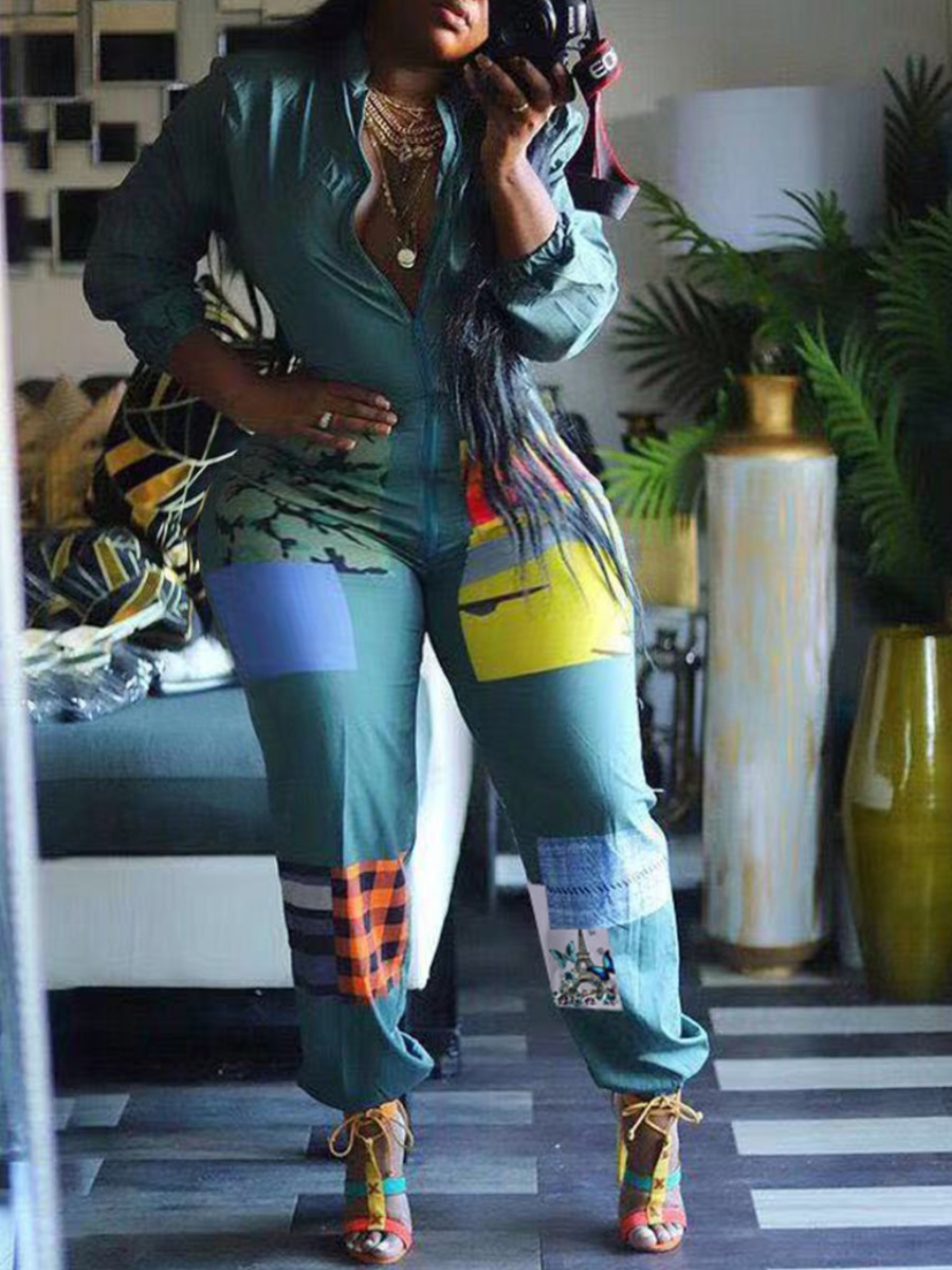

lovely Trendy Print Zipper Design Light Green Plus Size One-piece Jumpsuit