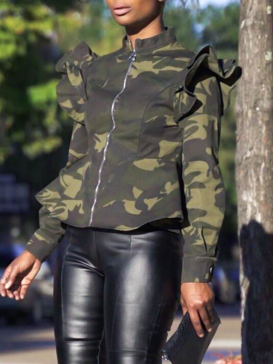 

Lovely Street Camo Print Army Green Denim Jacket, Army green camouflag