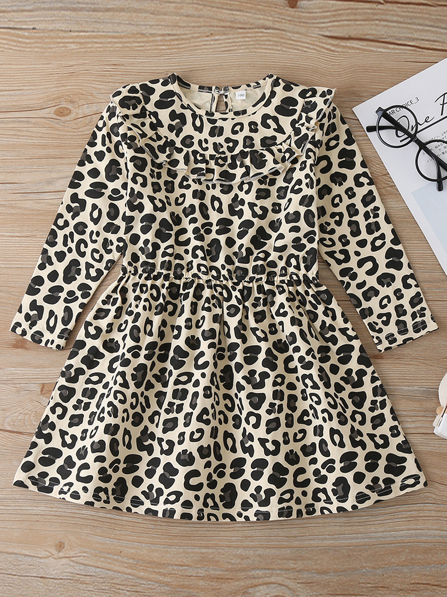 

lovely Casual O Neck Leopard Print Girl Knee Length Dress