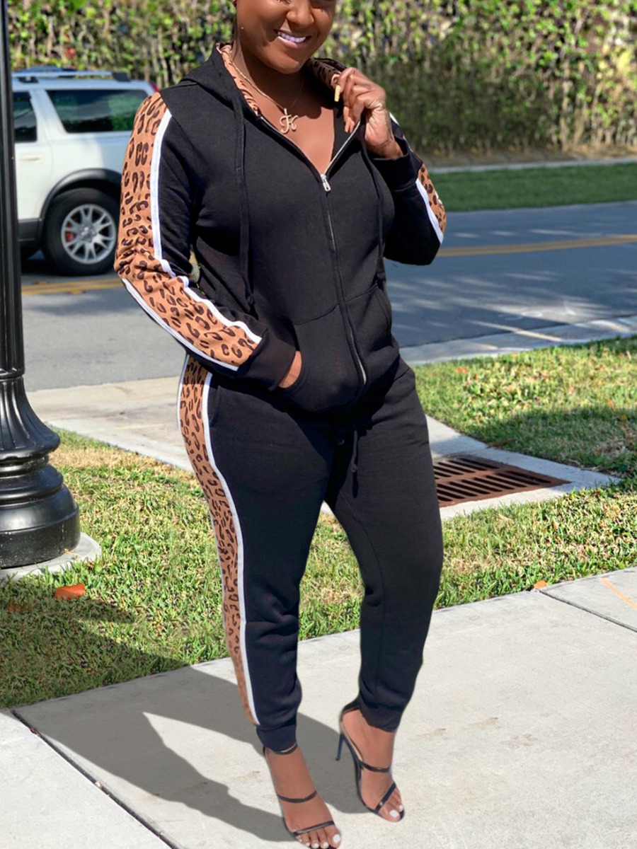 

lovely Sportswear Hooded Collar Patchwork Black Two Piece Pants Set