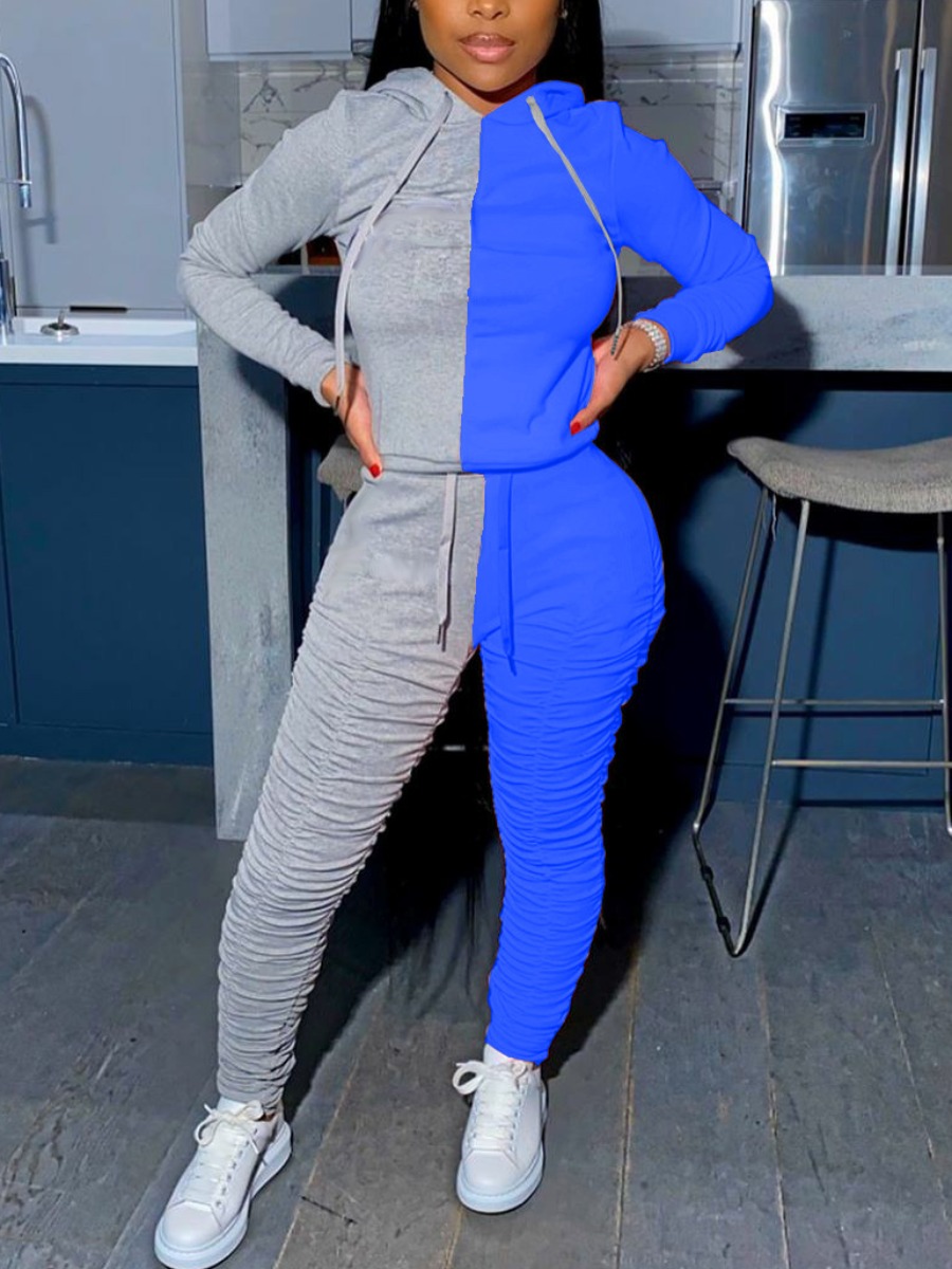 

lovely Sportswear Hooded Collar Patchwork Fold Design Grey Two Piece Pants Set