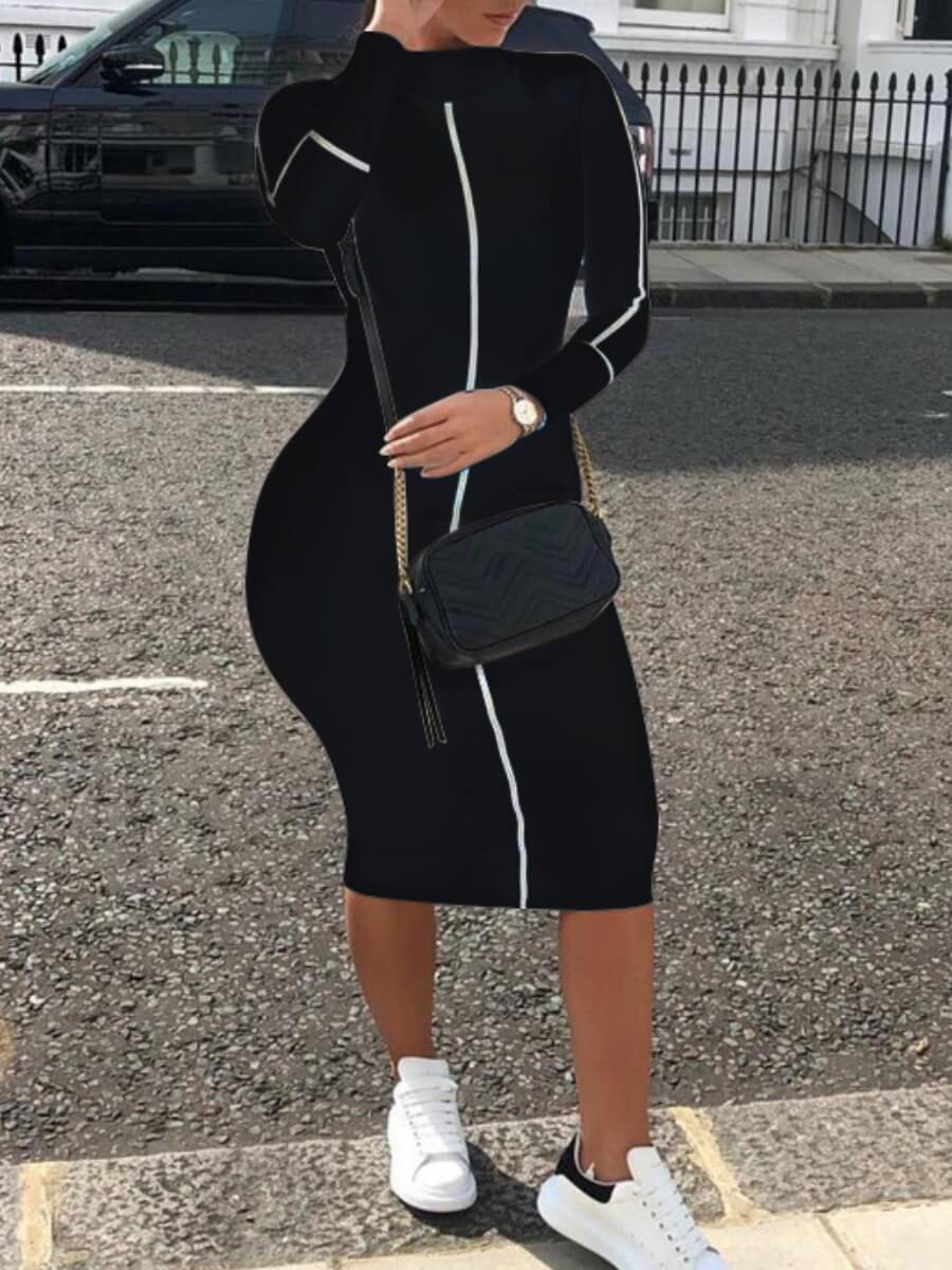 

Lovely Sportswear Half A Turtleneck Patchwork Black Mid Calf Dress